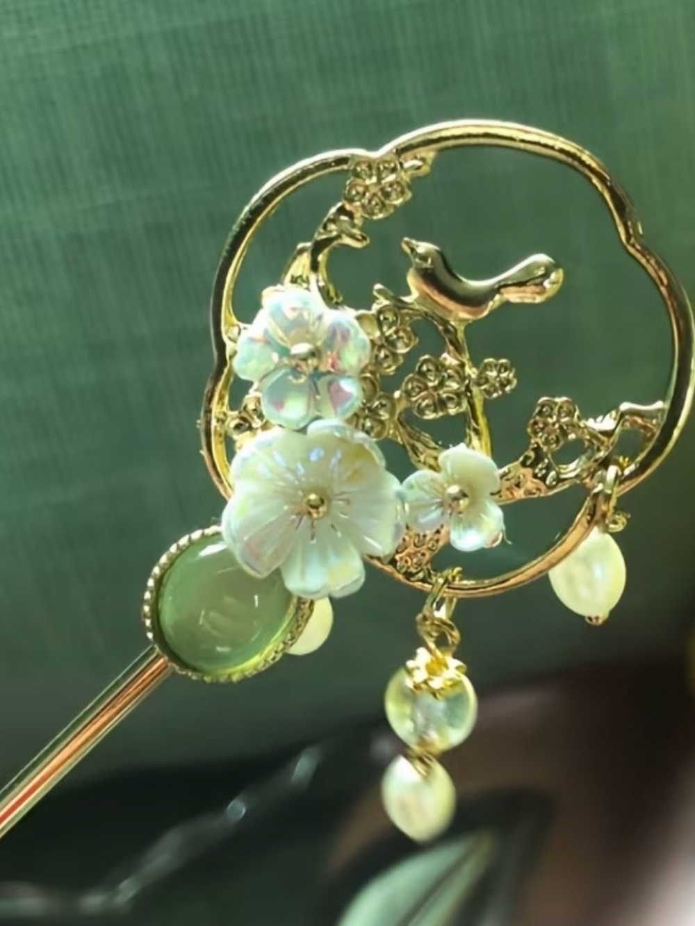 Gold Floral Bird Hair Stick with Iridescent White Flowers